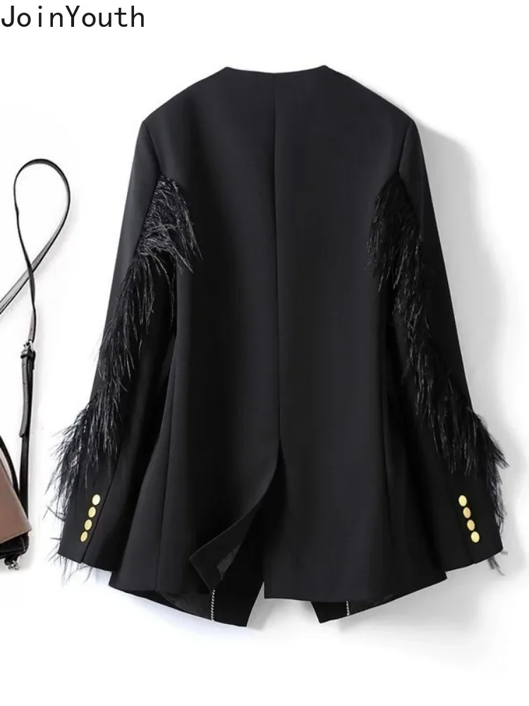 Куртка женская оверсайз в Корейском стиле пиджак пэчворк с перьями модная