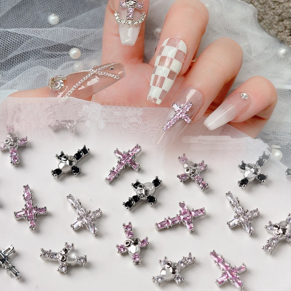 

5pcs Zircon Punk Cross Skull Nail Charm 3D Gothic Dark Silver Crux Christian Nail Decoration Luxury Skull Cross Nail Supplies