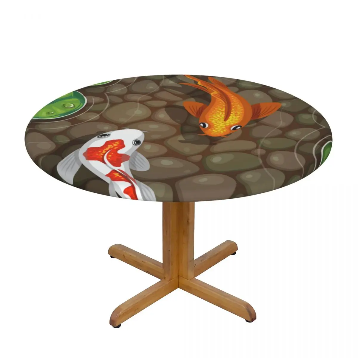 

Round Table Cover Cloth Protector Polyester Tablecloth Koi Fish In Pond Fitted Table Cover with Elastic Edged