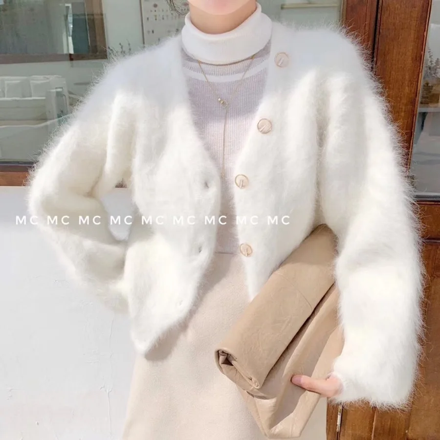 

V-Neck Thick Mink Velvet Mohair Knit Cardigan Cashmere Sweater Coat Single-breasted Jacket OL Lantern Sleeve Tops Mujer Sueter