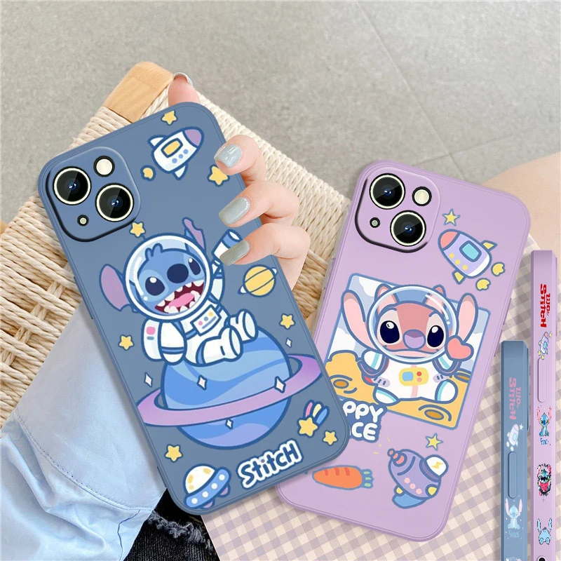 

Disney Stitch Astronaut For Apple iPhone 13 12 Mini 11 XS Pro Max X XR 8 7 6 Plus SE 2020 Liquid Left Rope Soft Phone Case