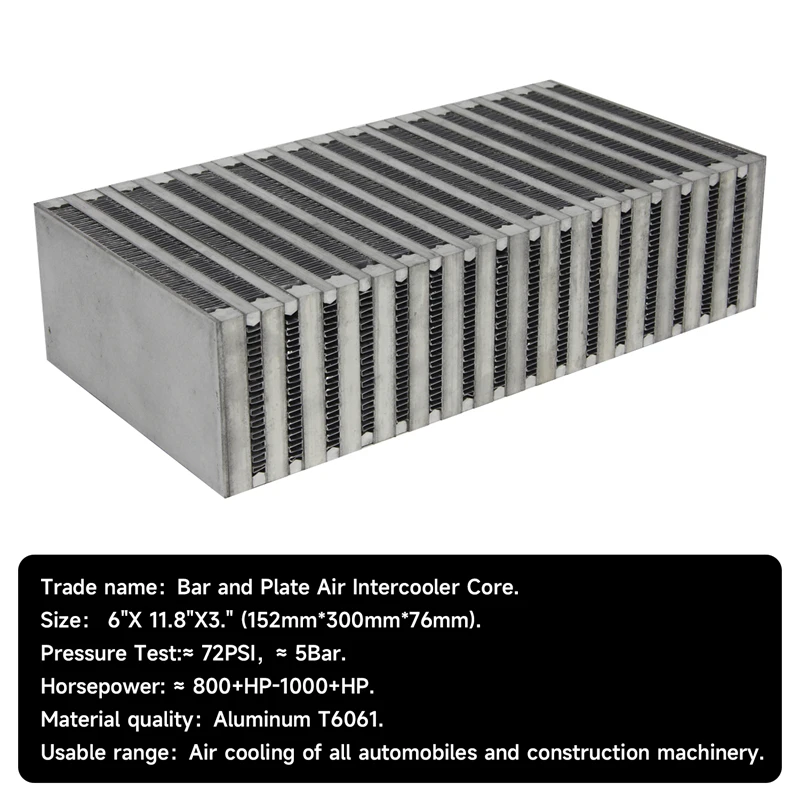 

Universal Race High Performance Bar and Plate Air Intercooler Core 6"X 11.8"X3"(152*300*76mm) Silver