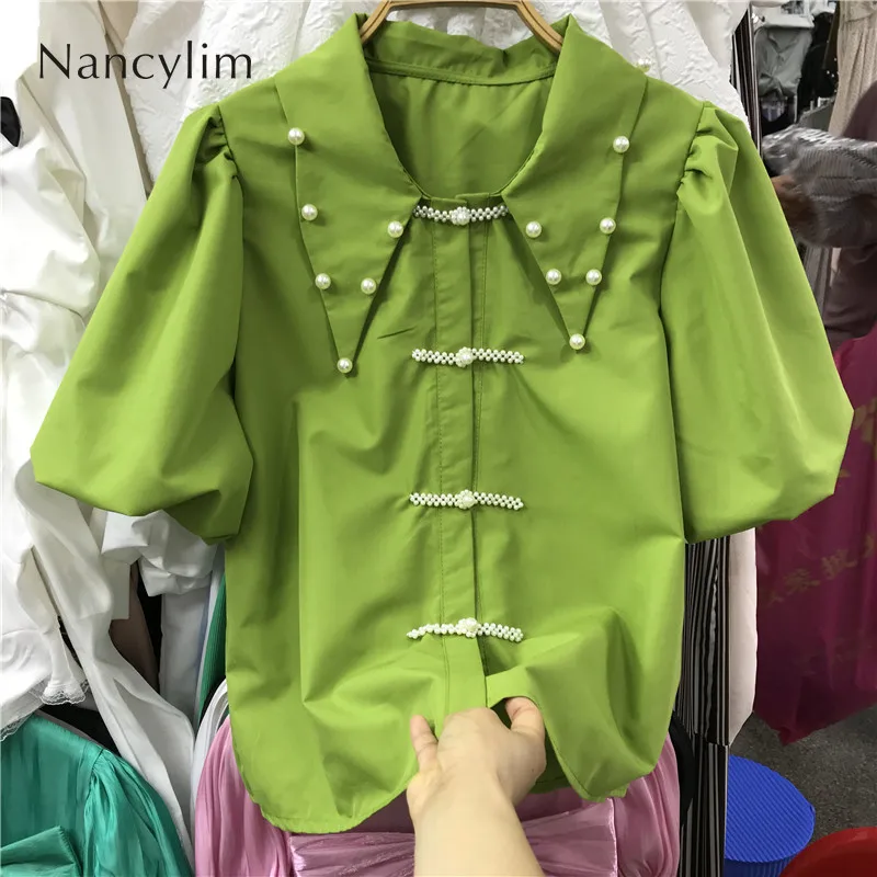 

Beaded Pearl Buckle Lapel Green Shirt for Women 2022 Spring Summer New Loose Short Puff Sleeve All-Matching Blouses Ladies Top