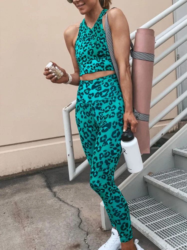 

Casual Sleeveless Corp Vest+High Waist Long Pants Suits Women Outfits Fashion Breathable Slim Leopard Print Yoga Sets Sportwear