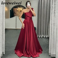 loveweiwei burgundy satin long prom party gowns a line one shoulder women wedding party dress pleats bow formal evening dress