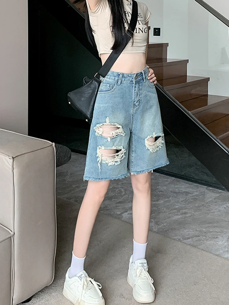 Streetwear Women High Waist Hole Frayed Retro Denim Shorts Spring Summer Female Wide Leg Raw Hem Jeans Shorts Bottoms