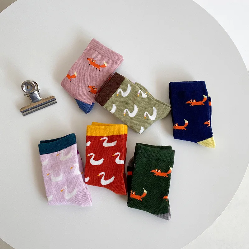 

3 Pairs/lot High-quality Cotton Animal Children Socks Baby Stockings Soft Comfortable Middle Tube Fox Swan Socks Free Shipping