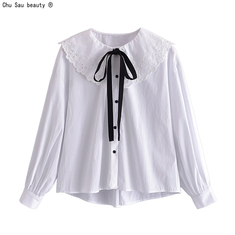 

2021 Spring Autumn Fashion Vintage Sweet Peter Pan Collar College Style Lace-Up Long-Sleeve Single-Breasted Shirt Casual Female