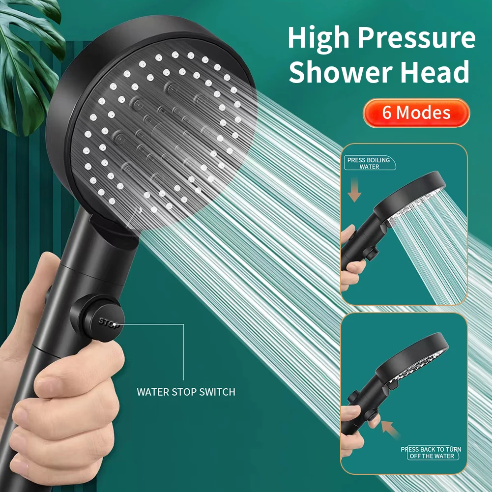 

Adjustable High Pressure Shower Head 6 Modes Bath Shower Head One-Key Stop Handheld Shower Jets Bathroom Accessories