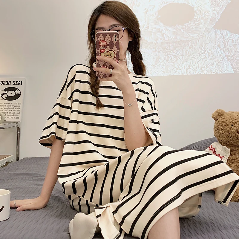 Summer Nightgowns & Sleepshirts Stripe Women's Short Cotton Sleepwear Home Nightshirt Women Causal Loose Ladies Long Women Dress