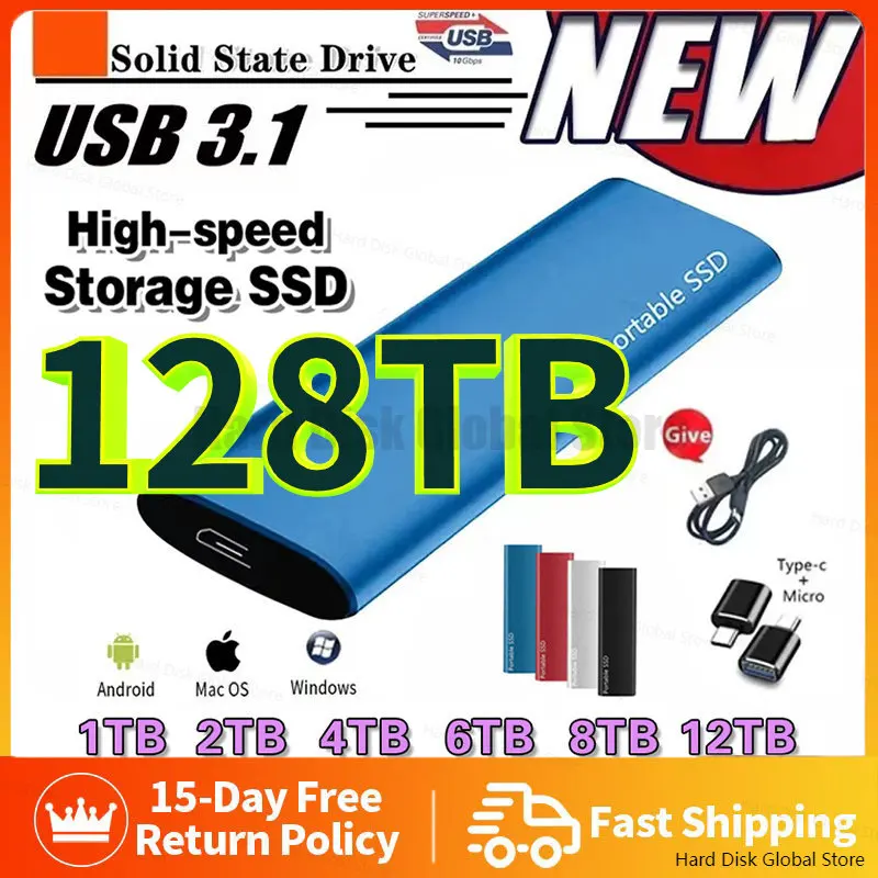 

Внешний жесткий диск на 1 ТБ, портативный SSD-накопитель, высокоскоростной внешний твердотельный диск Type-C для настольного ПК/ноутбука/смартфона
