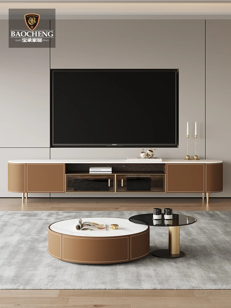 

Luxury saddle leather TV cabinet Modern simple small-sized living room rock panel with rounded corners TV cabinet