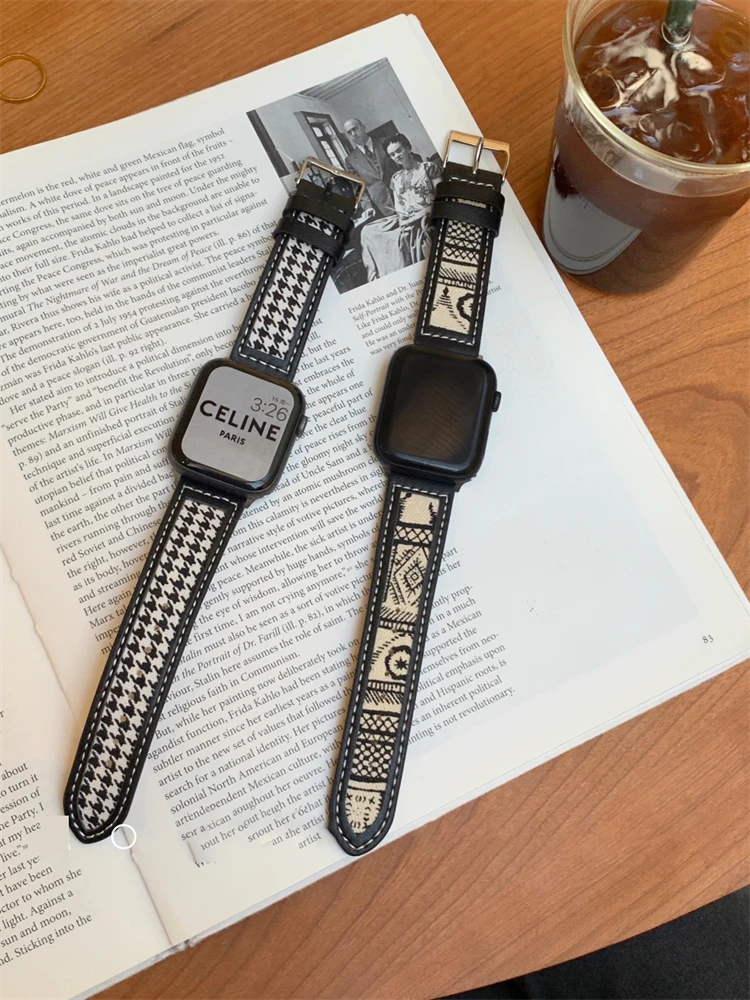 Ремешок тканевый кожаный для Apple Watch Band Series 7 6 5 4 3 SE, стильный мягкий браслет для iWatch 41 мм 45 мм 38 мм 40 мм 42 мм 44 мм