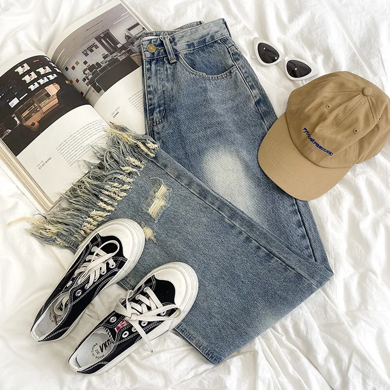 

Blue Worn White Washed Street Style High Waist Tassel Hole Denim Jeans Spring Vintage Wide Leg Jeans