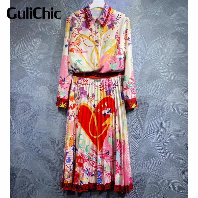 

9.26 GuliChic High Quality Fashion Runway Print Skirts Sets Lapel Collar Beading Loose Shirts + High Waist Pleated Skirts Women