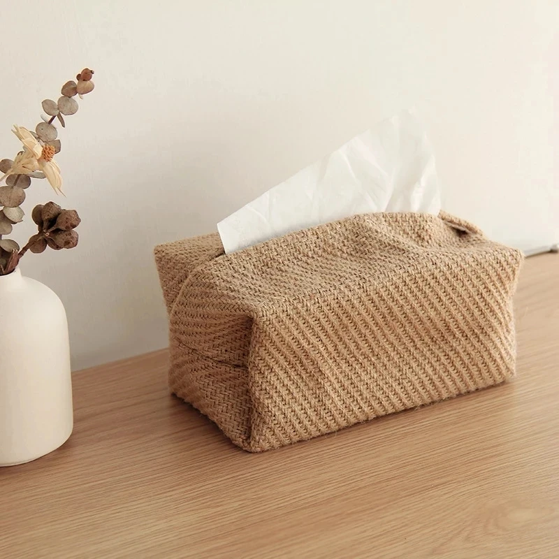 

New Japanese-Style Jute Tissue Case Napkin Holder for Living Room Table Tissue Boxes Container Home Car Papers Dispenser Holder