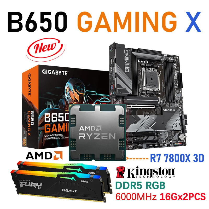 Процессор AMD RYZEN 7 7800X 3D, комбинированный процессор B650, Материнская плата Gigabyte B650 GAMING X AM5 DDR5, материнская плата Kingston 6000 МГц 32 Гб RGB