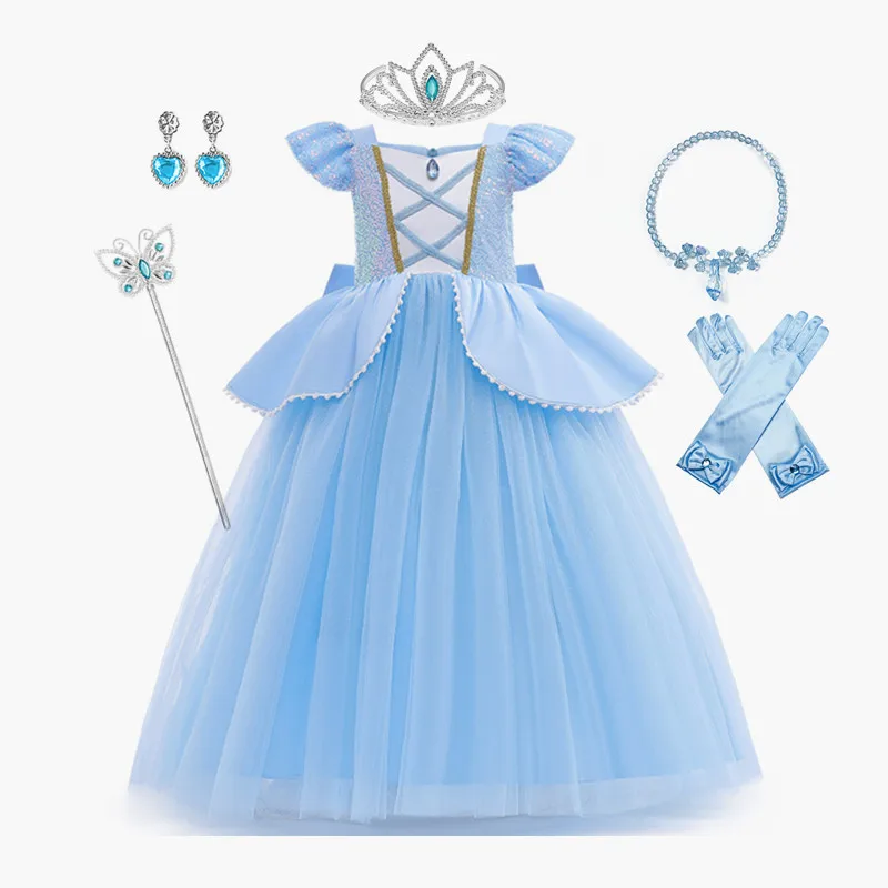 Girls Princess Dress Cinderella Cosplay Birthday Party Ball Gown Lace Sequins Children Dress Charm Dress Carnival Clothing