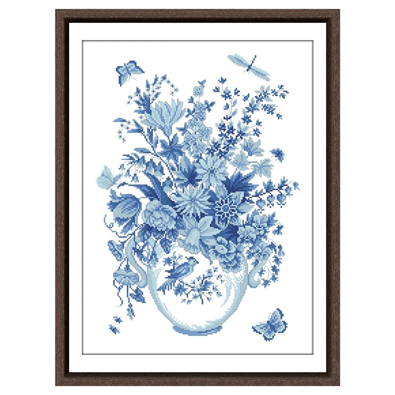 

Fresh mood cross stitch package blue flower butterfly vase 18ct 14ct 11ct cloth cotton thread embroidery DIY handmade needlework