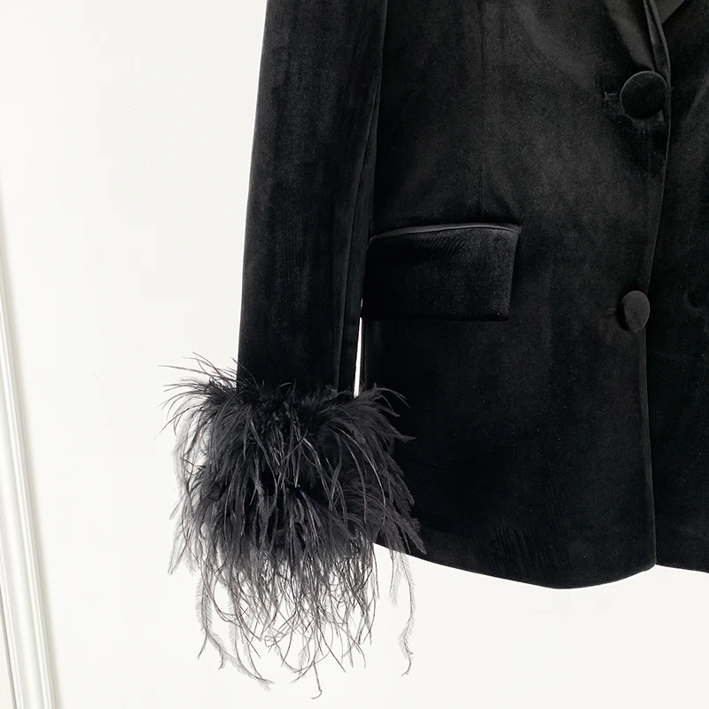 Черный бархатный блейзер со страусиной шерстью и перьями женская куртка с