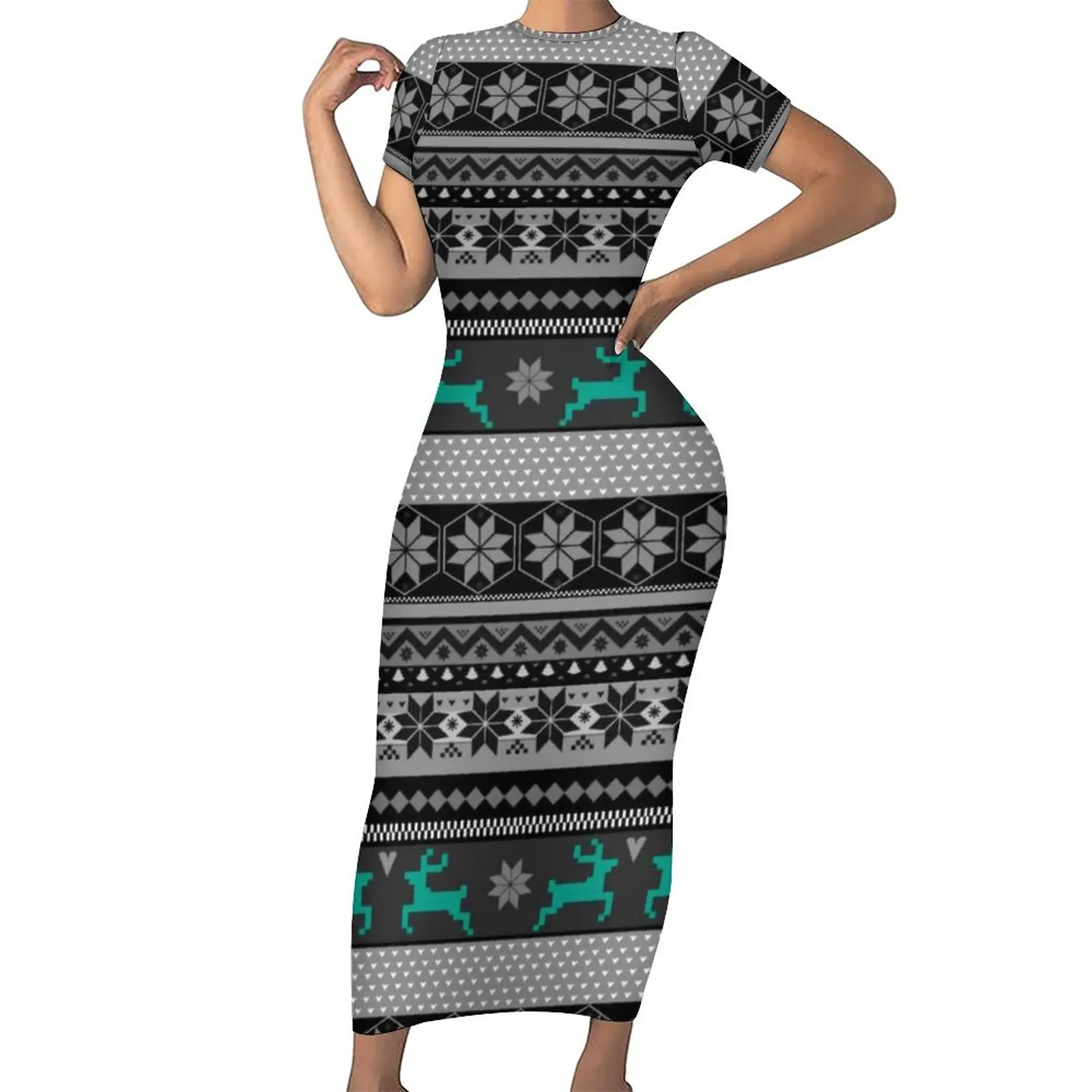 

Nordic Animal Bodycon Dress Womens Colorful Reindeer Sexy Maxi Dresses Holiday Short Sleeve Street Fashion Print Oversized Dress