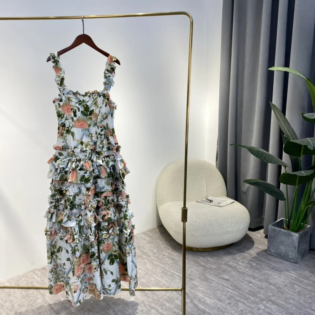 

2022 Spring New Vintage Style Pink Floral Green Leaves Print Spaghetti Strap Ruffles A-Line Ankle-Length Dress