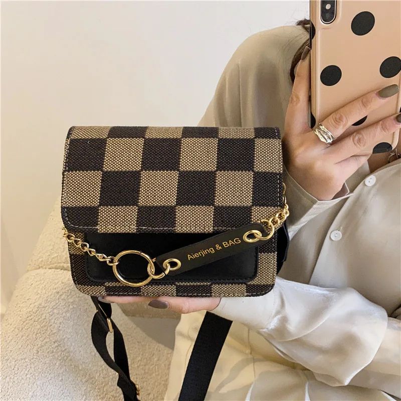 

Popular texture niche women's spring new fashion checkerboard chain One Shoulder Messenger Small Square bag
