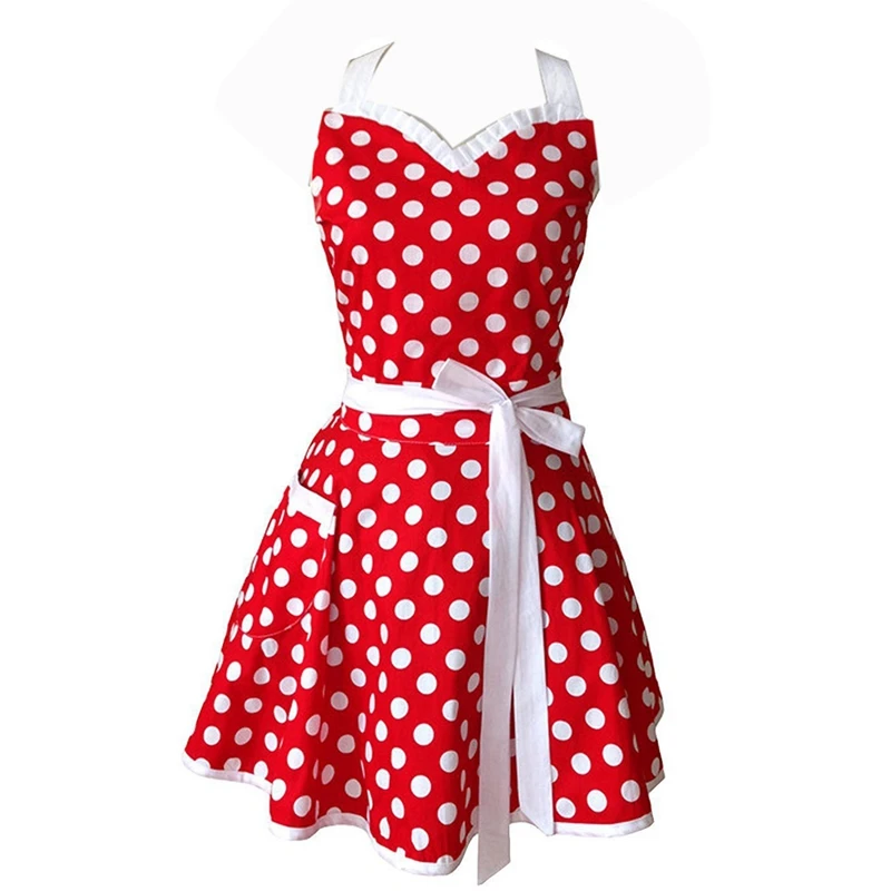 

Sweetheart Red Retro Kitchen Aprons Woman Girl Cotton Polka Dot Cooking Salon Vintage Apron Dress Christmas