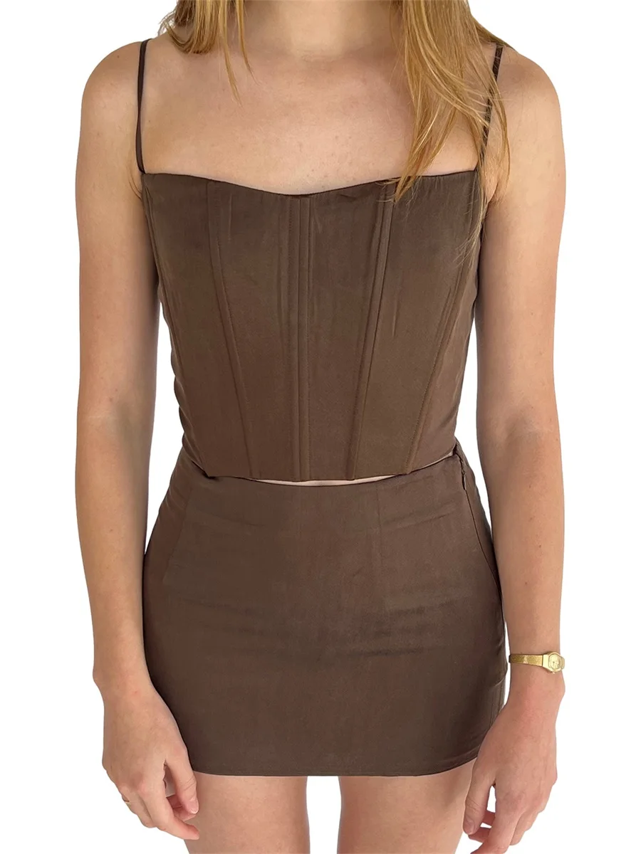 

Women Y2k Sexy 2 Piece Skirt Sets Tie Front Sleeveless Cropped Top Wrap Slit Bodycon Elastic Mini Skirt Party Clubwear