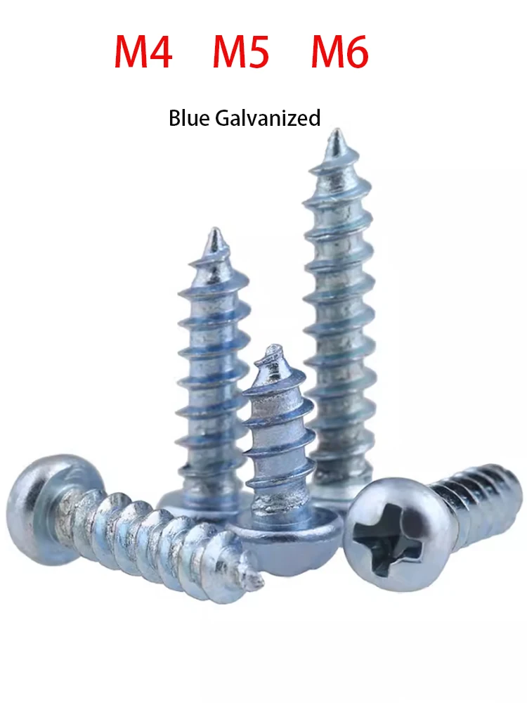 

M4 M5 M6 Blue Galvanized Round Head Cross Self-tapping Screw Hardened Blue Zinc Plated Cross Recessed Pan Head Tapping Screws