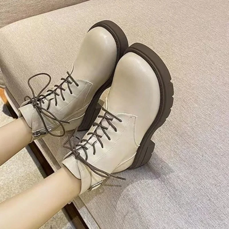 Botas De Mujer Pu Leather Motorcycle Boots Thick-soled Mid-heel Ankle Boots Round Head Zipper Lace Women's Boots Autumn Winter