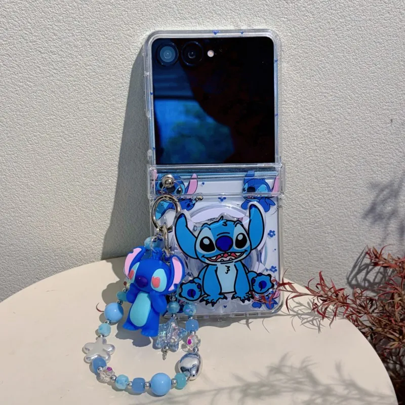 Фото Чехол для телефона с магнитной подставкой и 3D-изображением Стича из мультфильмов Дисней, с бисерной цепочкой и 3D-эффектом, для Samsung Galaxy Z Flip 5 6 7 7FE, прозрачный чехол №2