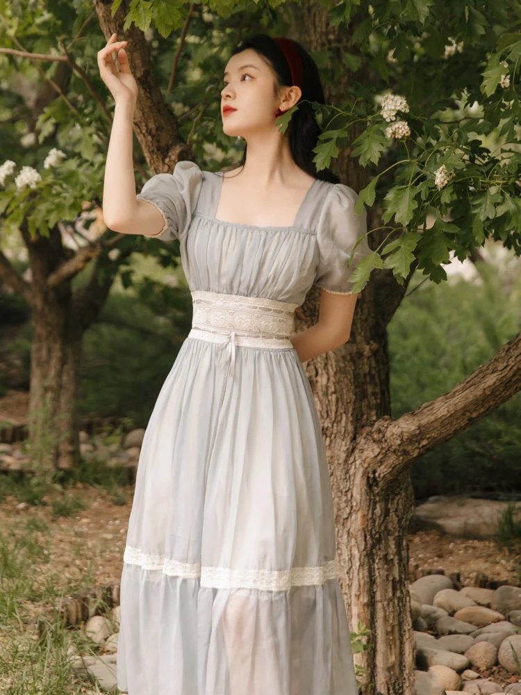 

Summer Romantic French Puff Sleeve Fairy Dress Elegant Gentle Haze Blue Dreamy Sweet Princess Dresses Vintage Chiffon Vestidos