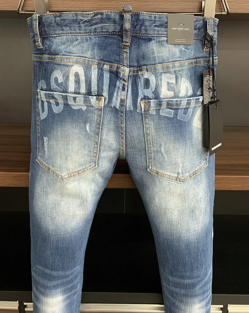 DSQUARED2 Men's/Women's Washed Blue Simple Slim-Fit Stretch Hole Patch Jeans 9710