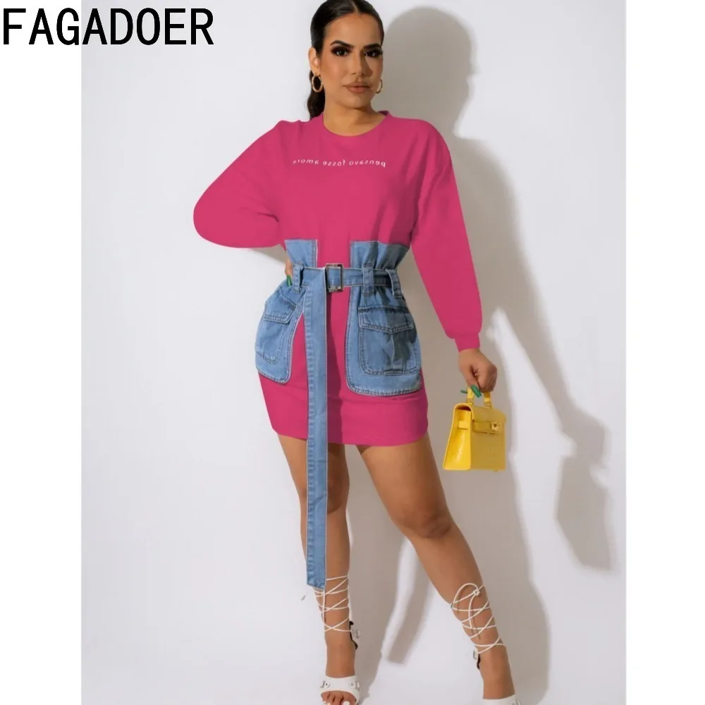

FAGODER Autumn New Denim Patchwork Long Sleeve Straight Dress Casual Letter Embroidery Pockets Sashes Sweatshirt Dress Vestidos