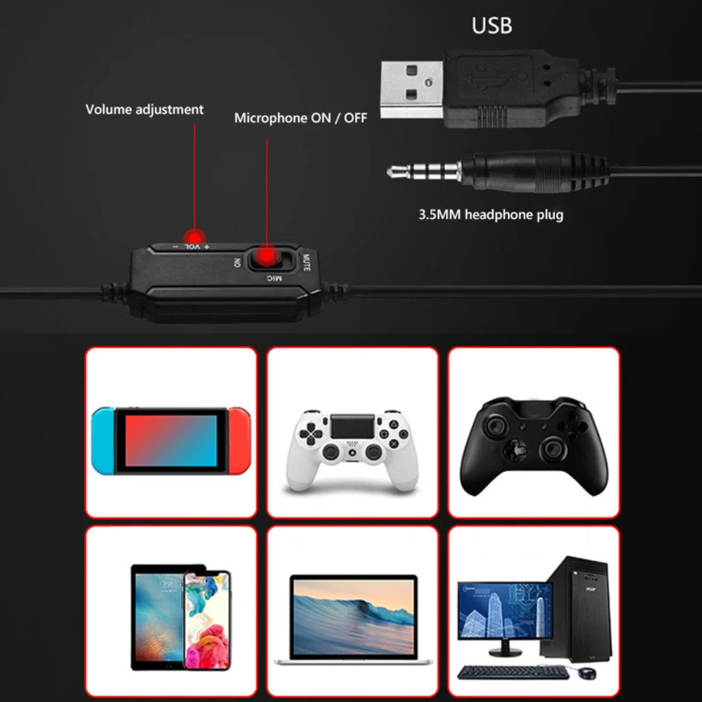 

Проводные Игровые наушники 3,5 мм, игровая гарнитура со светодиодсветодиодный подсветкой и регулируемым стереозвуком