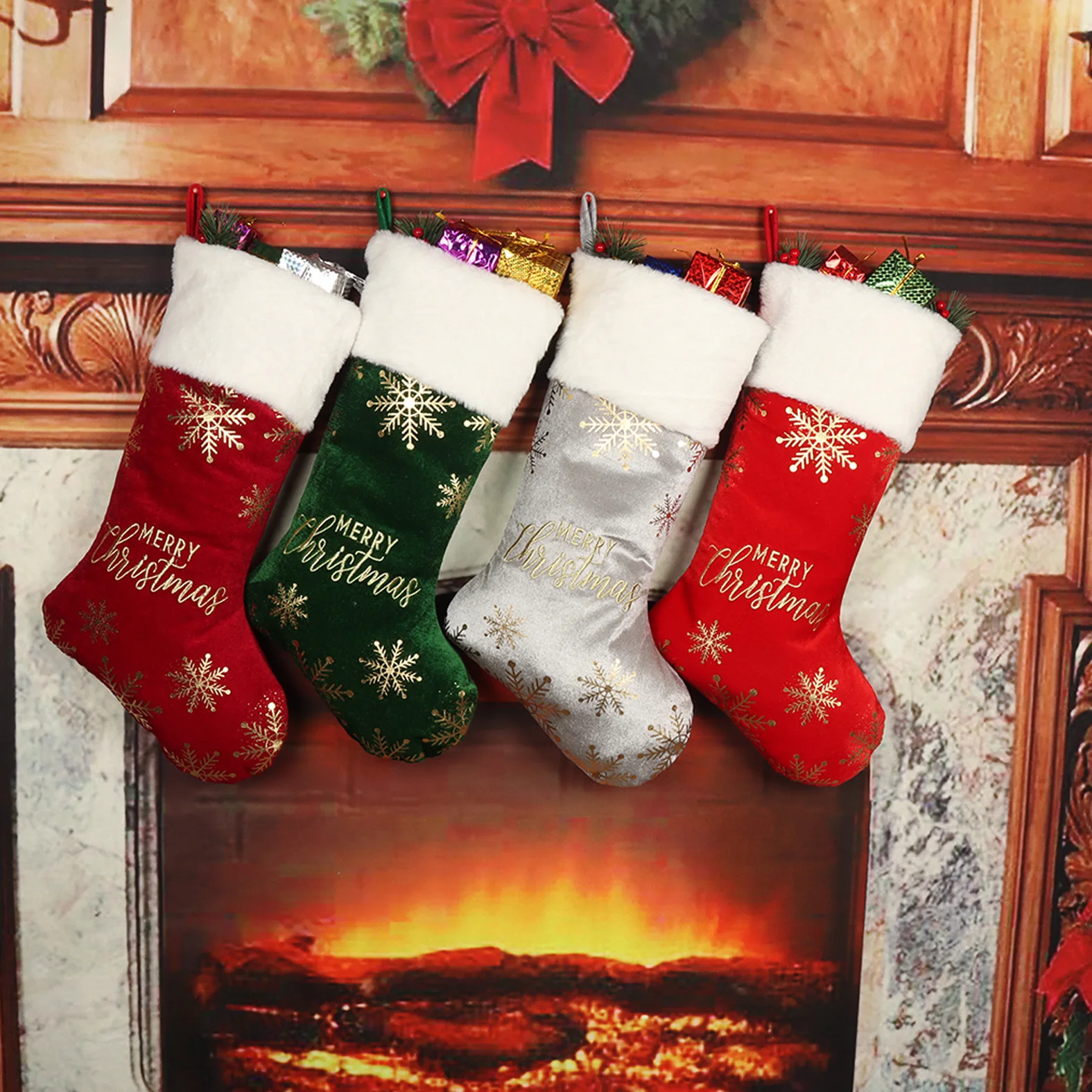 

2 Pair Christmas Stockings Xmas Embroider Ornaments Christmas Tree Decorations Candy Bags Pendant Socks
