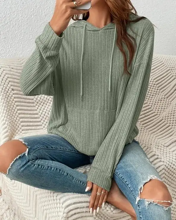 

2023 Women's Fashion Casual Pullover Hooded Pit Striped Kangaroo Pocket Loose Fitting Raglan Sleeves Sweater Street Trendsetter