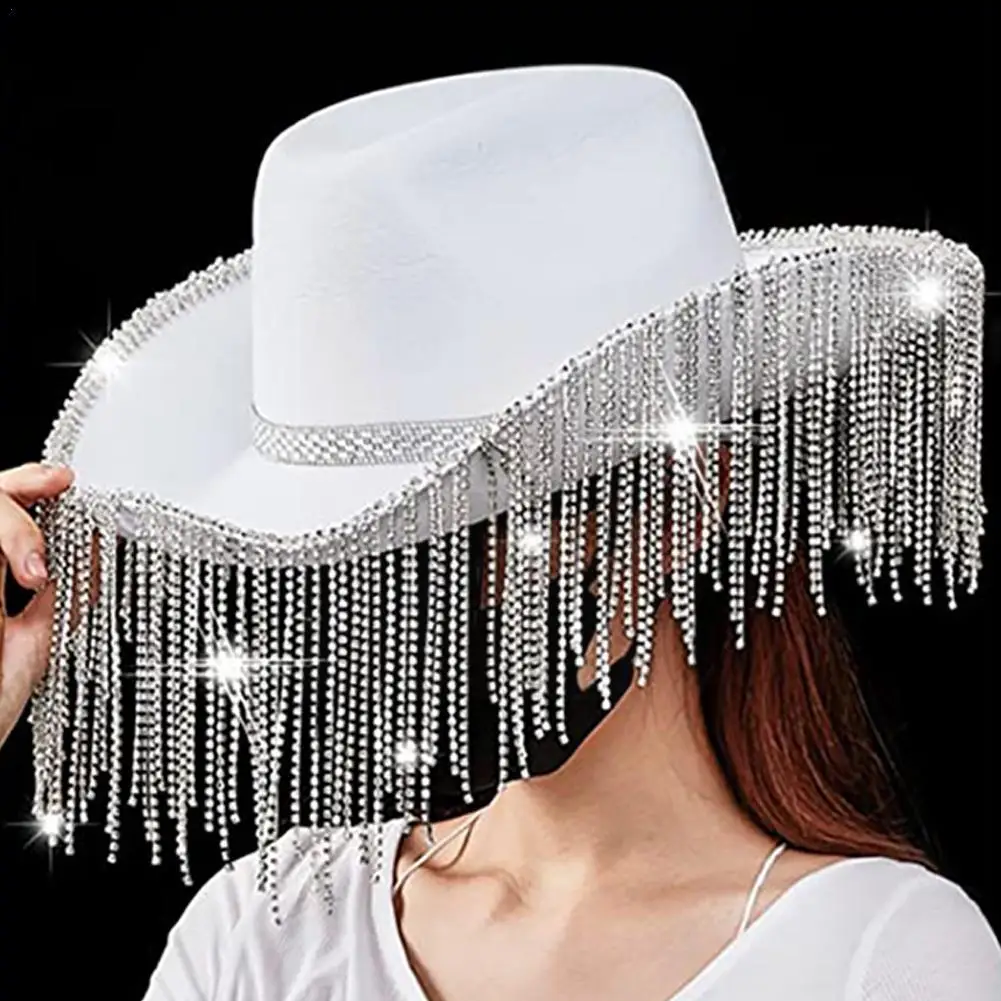 Rhinestones Cowgirl Hats Glitter Pink White Cow Girl Hat With Rhinestones Fringe Adult Size Cowboy Hat For Halloween Party Q0R2