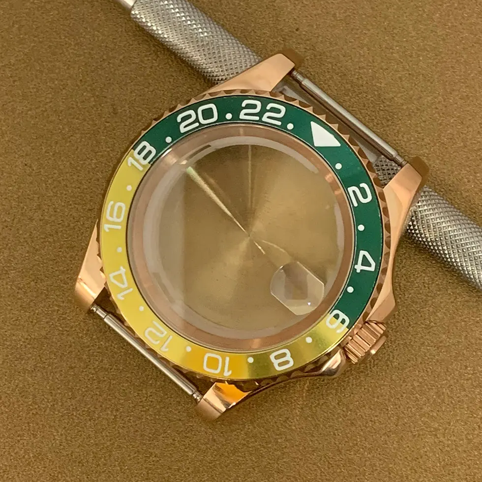 40mm Modification Watch Case Rose Gold  Bidirectional Rotating Sapphire Mirror Fit 8215 8205 GMT3804 Automatic Movement