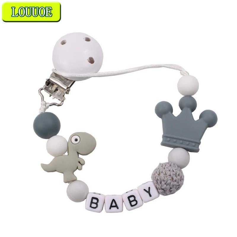 

1Pcs Grey Personalized Name Wood Pacifier Clip Chain Silicone Crown Dinosaur Teething Toy Pacifier Chain Holder Baby Shower Gift
