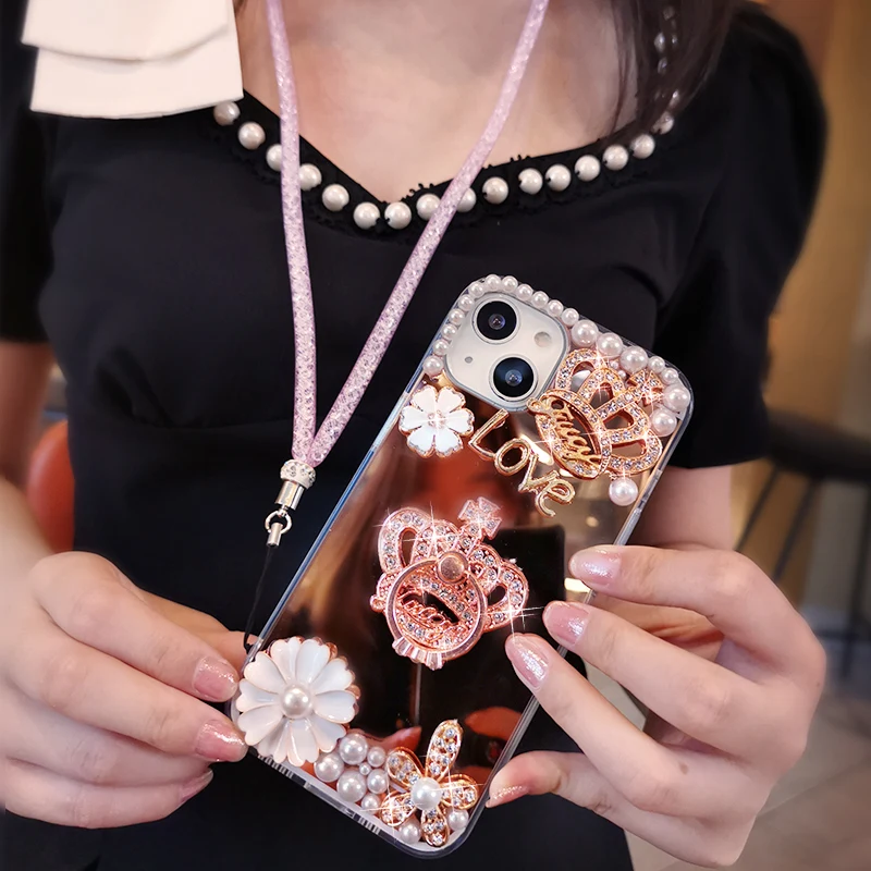 

Женский зеркальный защитный чехол с ремешком на шею для IPhone 12 13 Pro Max