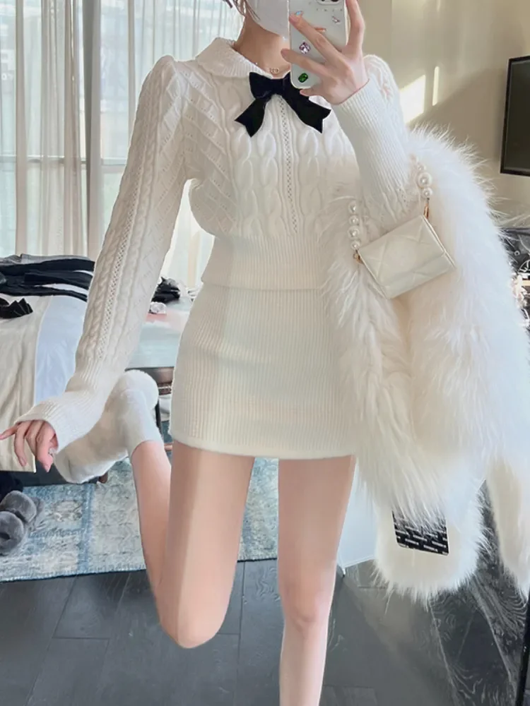 

Winter Kawaii Knitted Two Piece Set Women Casual Bow Elegant Mini Skirt Suit Female Korean Fashion Warm Elegant Sweater Set 2022