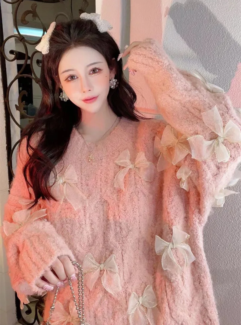 

Сетчатая Красная Зимняя одежда, новинка, плотный пуловер ручной работы с бантом, СВОБОДНЫЙ Модный теплый свитер средней длины