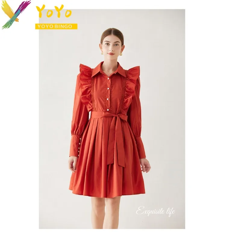 

Elegant Party Dress Ruffle Edge Lace-up Lantern Sleeve Polo Collar A-line Dress Women Slim Bodycon Shirt Dress 2024 Spring