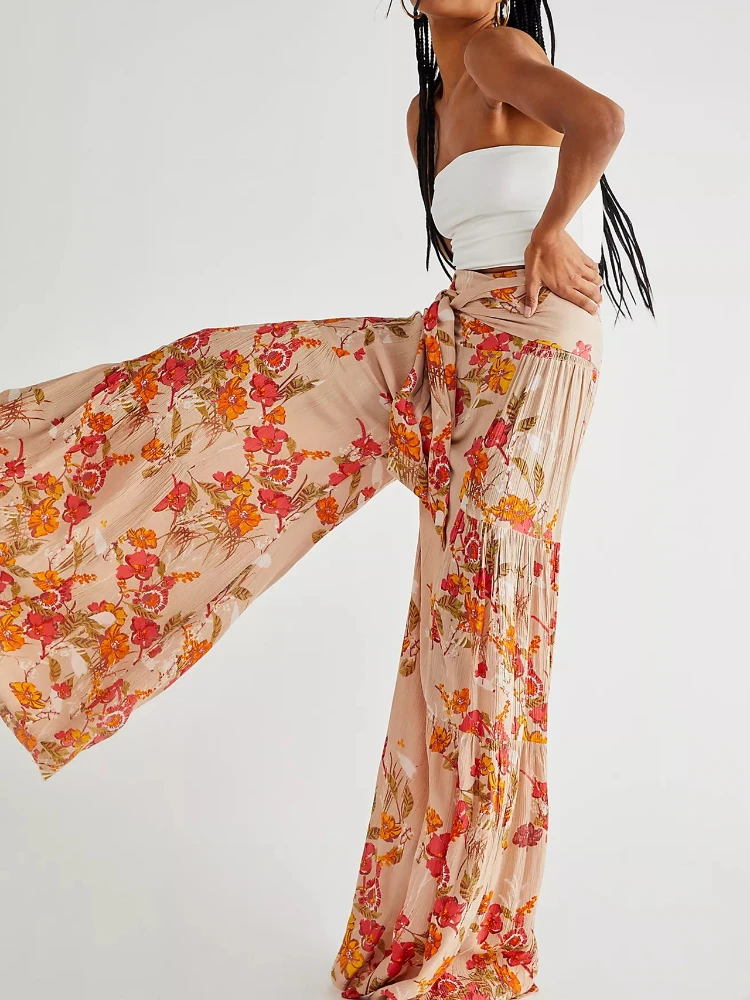 

Fashion Loose Female Digital Print Pants Wide Leg Casual Beach High Waist Strappy Trousers Pantalones De Folds Bell Bottom Pants