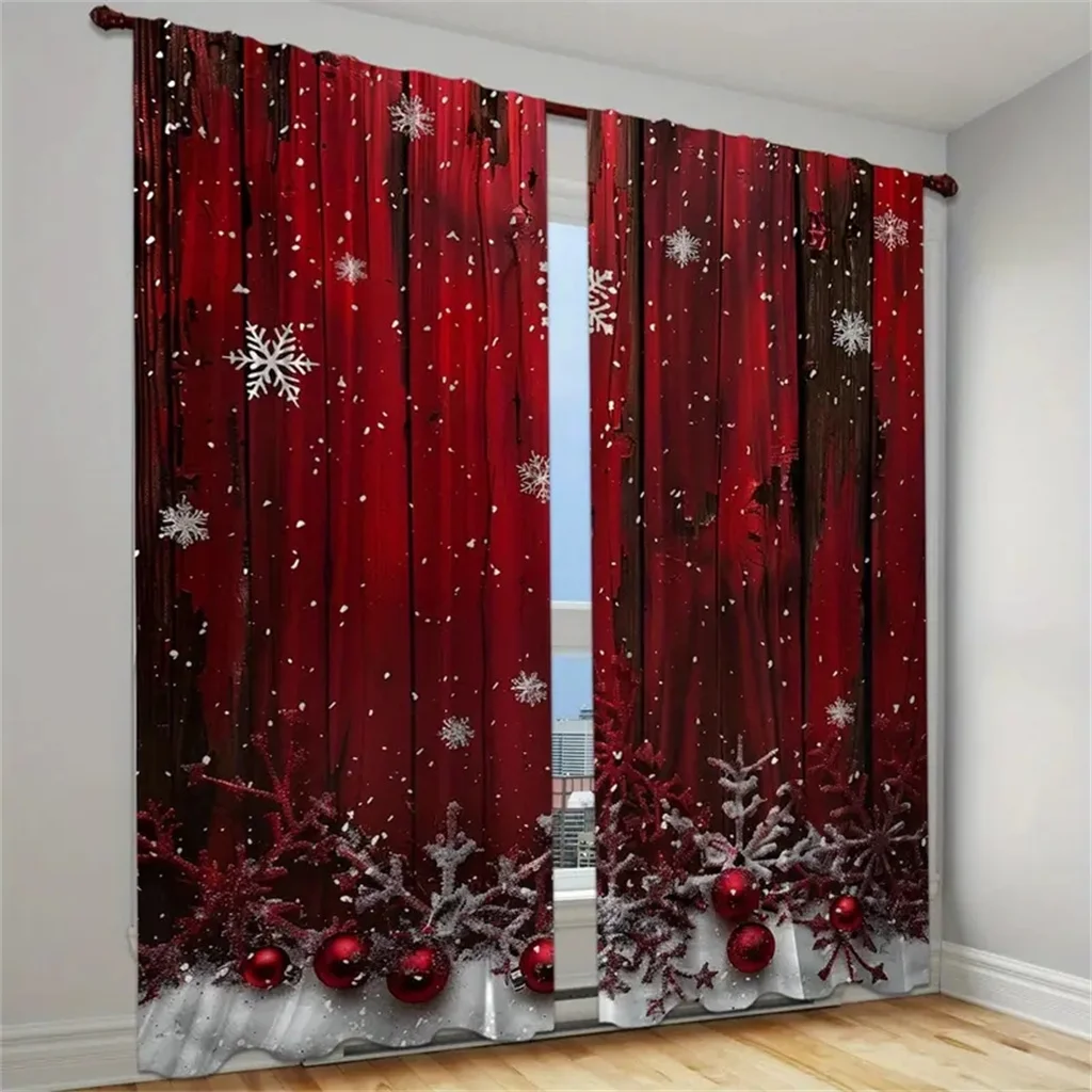 2pcs Set Red Christmas Curtains -Soft Polyester Rod Pocket Design for Living Room & Bedroom Kitchen Decor -Machine Washable