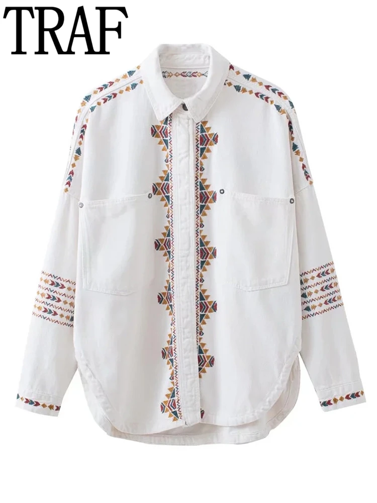 

TRAF 2022 White Denim Jacket Woman Embroidered Denim Jacket Women Spring Vintage Oversized Jacket Fashion Pockets Overshirt