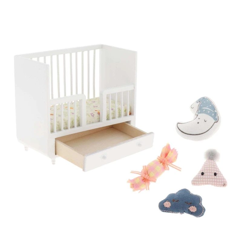 

1/12 Dolls House Baby Bed,Miniature Baby Bed Furniture Model with Pillow for Dollhouse Decoration Accessories