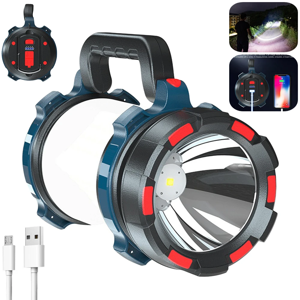 

Мощный светодиодный фонарик с зарядкой от USB, ручной поисковый фонарь, Кемпинговые фонари, портативный внешний аккумулятор, фонарик со встр...